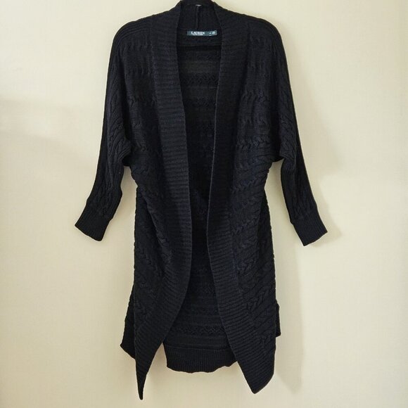 Lauren Ralph Lauren Cardigan Womens 1X Black Open Cable Knit Dolman 3/4 Sleeve - Picture 14 of 15
